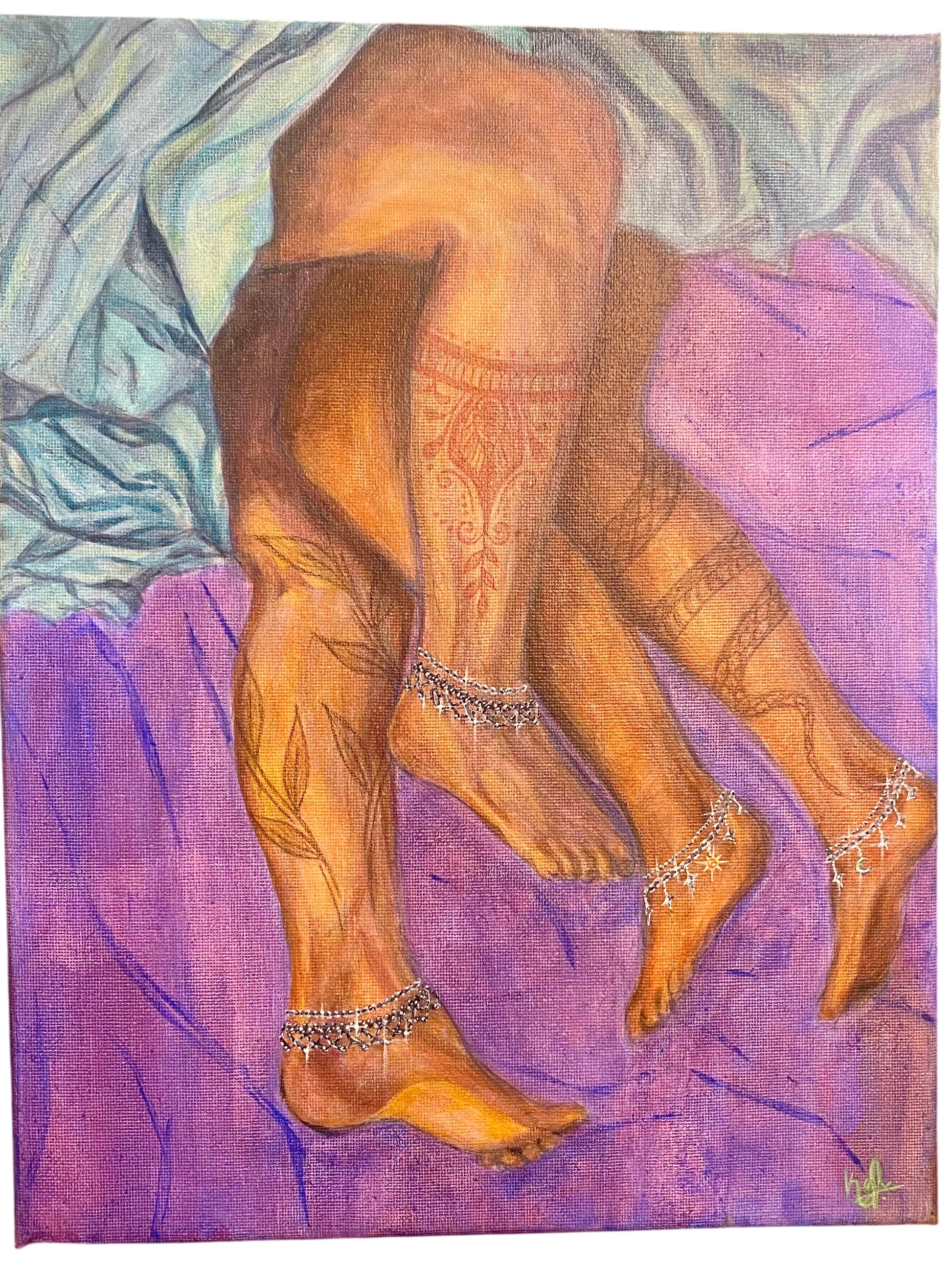 Artistic depiction of legs with intricate designs and jewelry on a colorful background