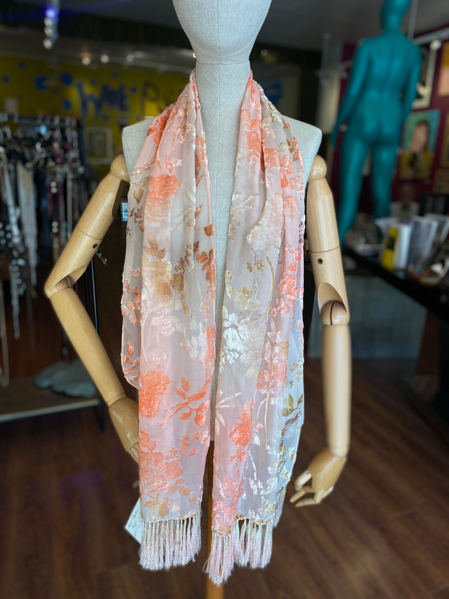 David Polizzi - Coral Fringe Burnout Velvet scarf