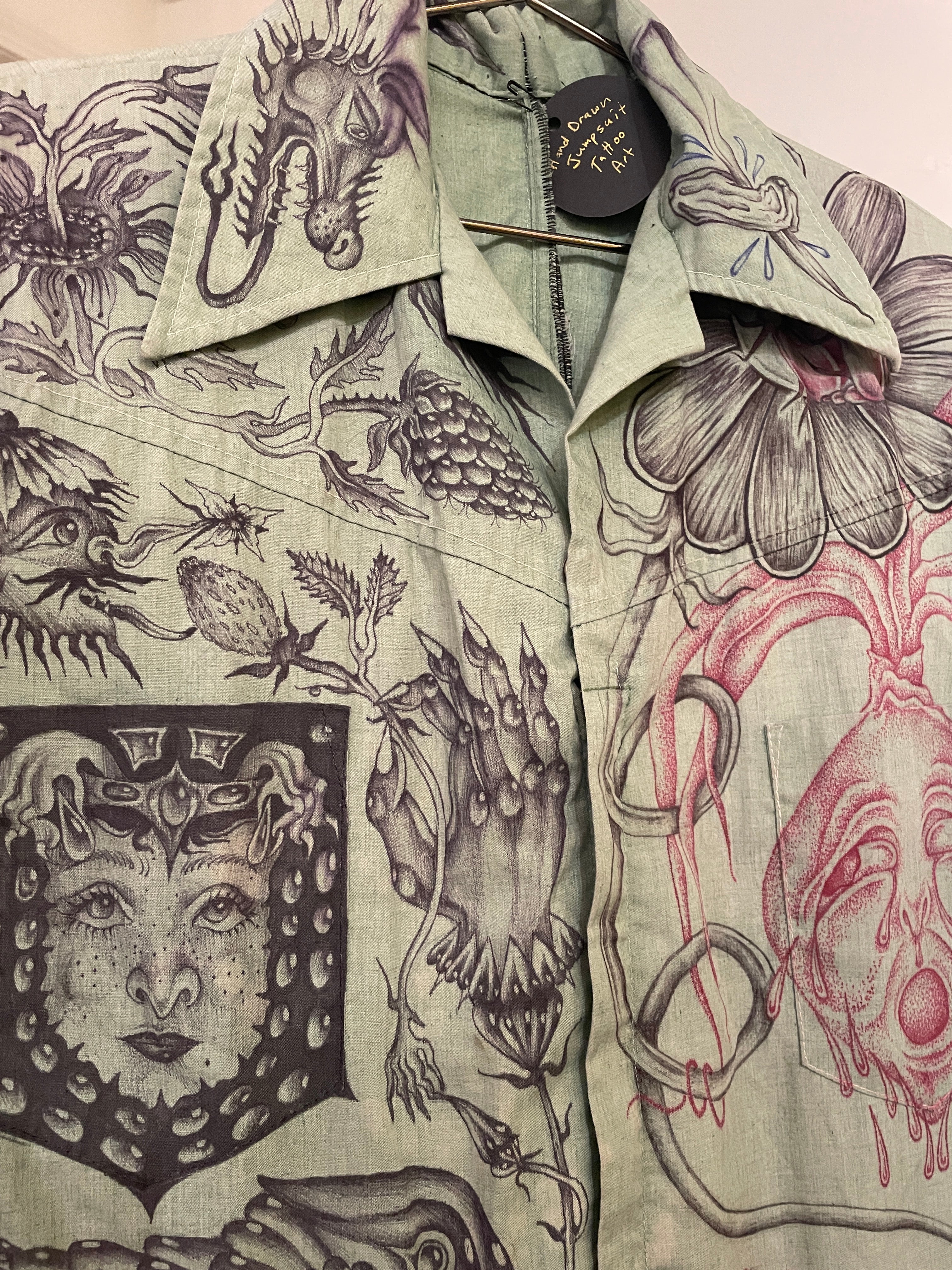 Queer A.F. - Jocelyn Khosla - Hand-drawn original tattoo art green jumpsuit