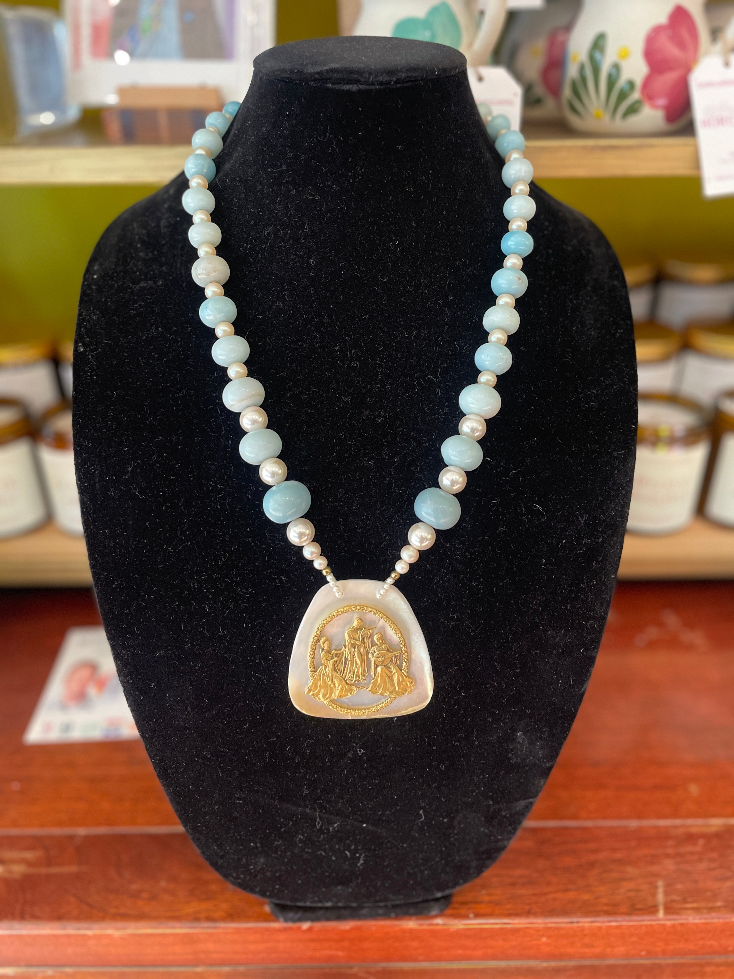 Devlin Shand - Necklace - Amazonite, Mother of Pearl, Vintage Baroque Museum Pin