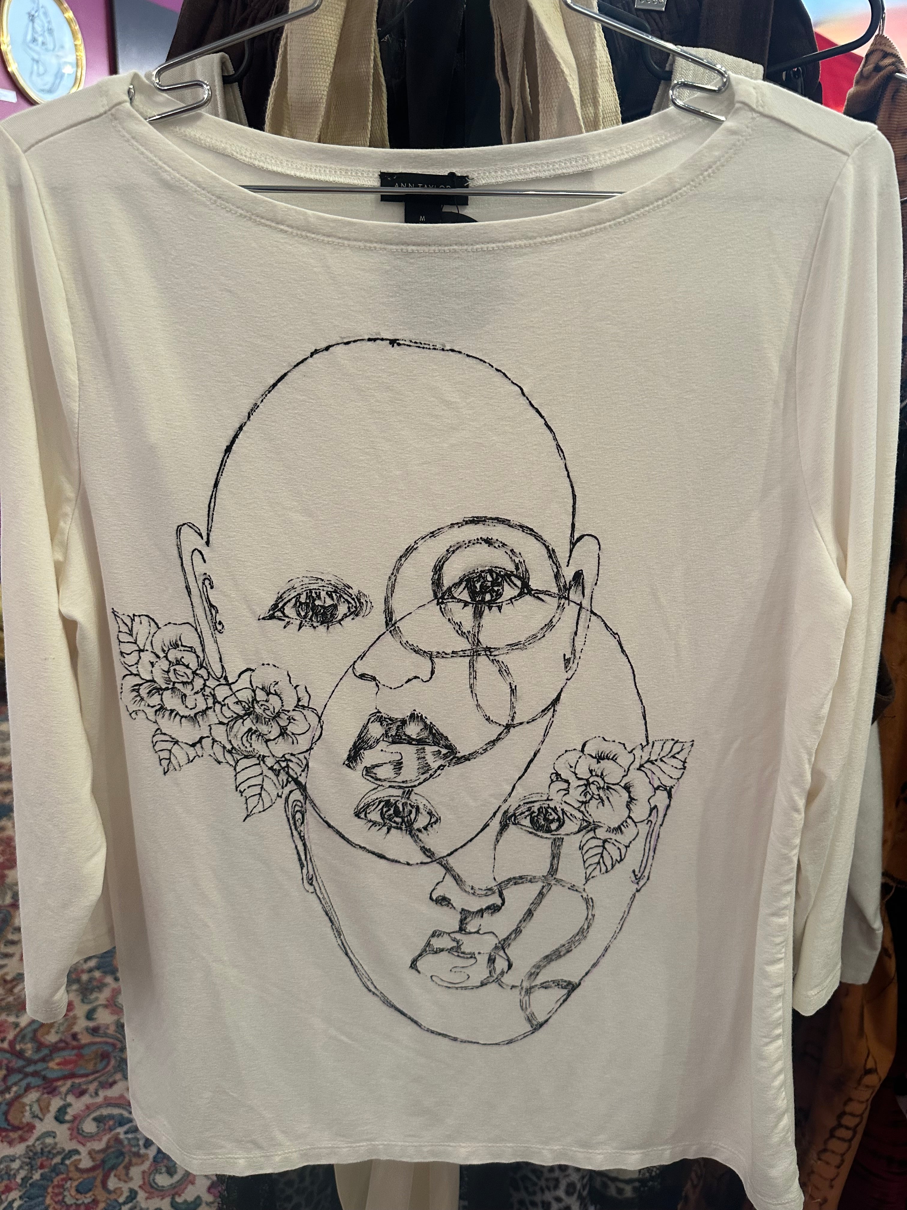 Nic Hampton - White Long-sleeved Shirt w Roses and Faces