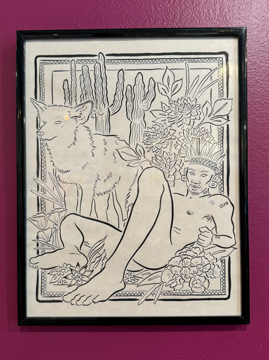 Our Fellow Mortals - Coyote Framed Original Drawing