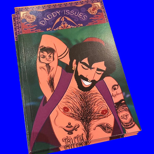This image features the cover of "Daddy Issues 4," a product categorized under comics and graphics. The artwork on the cover depicts a stylized, colorful illustration of a male figure with prominent tattoos, enhancing the visual appeal and suggesting the theme of the content which includes comics, porn, and sadness.